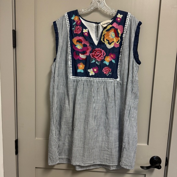 Savannah‎ Jane Floral Embroidered Blue Striped Sleeveless V-Neck Tunic Dress 2X - Picture 2 of 10